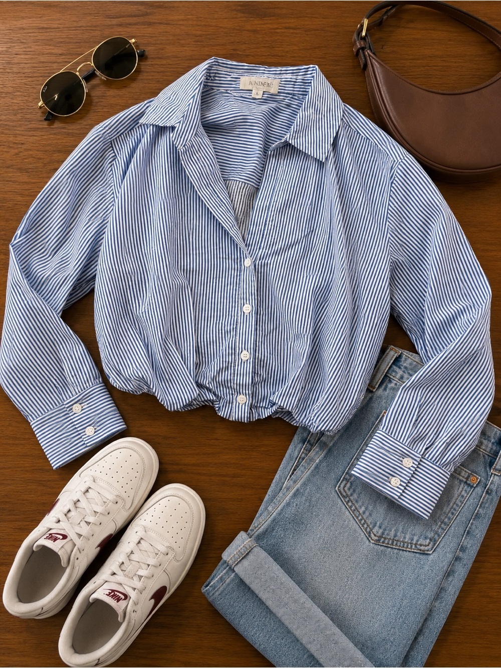 LIly White Striped Crop Blouse Button Up Sz Large (g25)